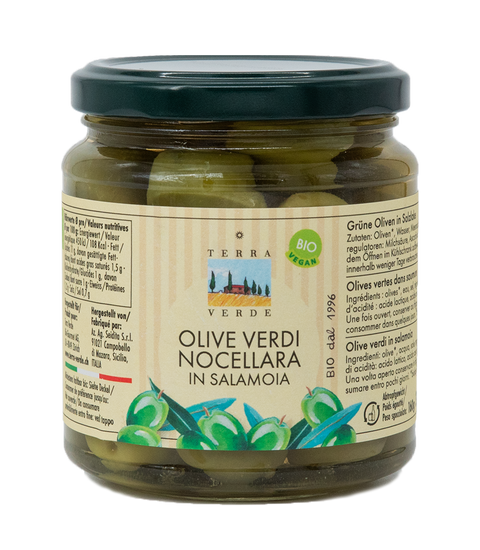 Bio Grüne Oliven «Nocellara» in Salzlake (mit Stein)